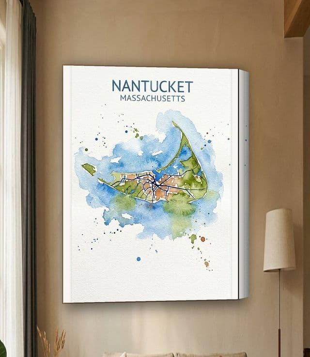 Nantucket, Massachusetts map in Watercolor on gallery canvas