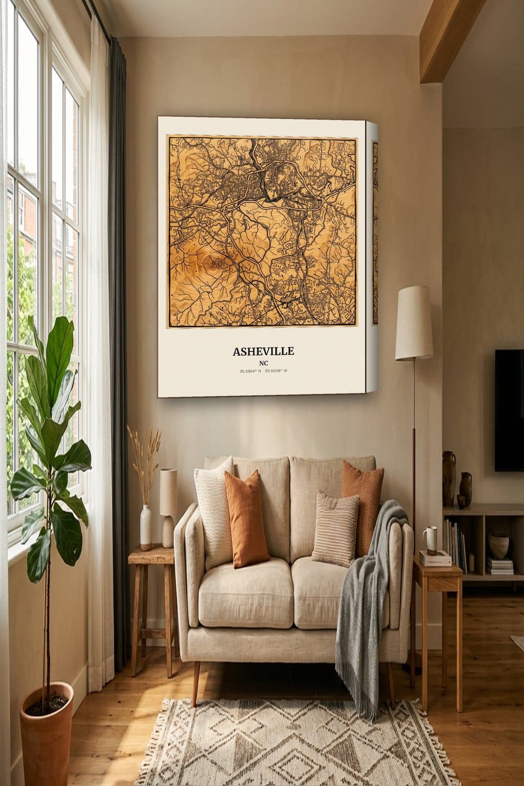 Woodcut map of Asheville, NC on an 18x24 gallery canvas in a room