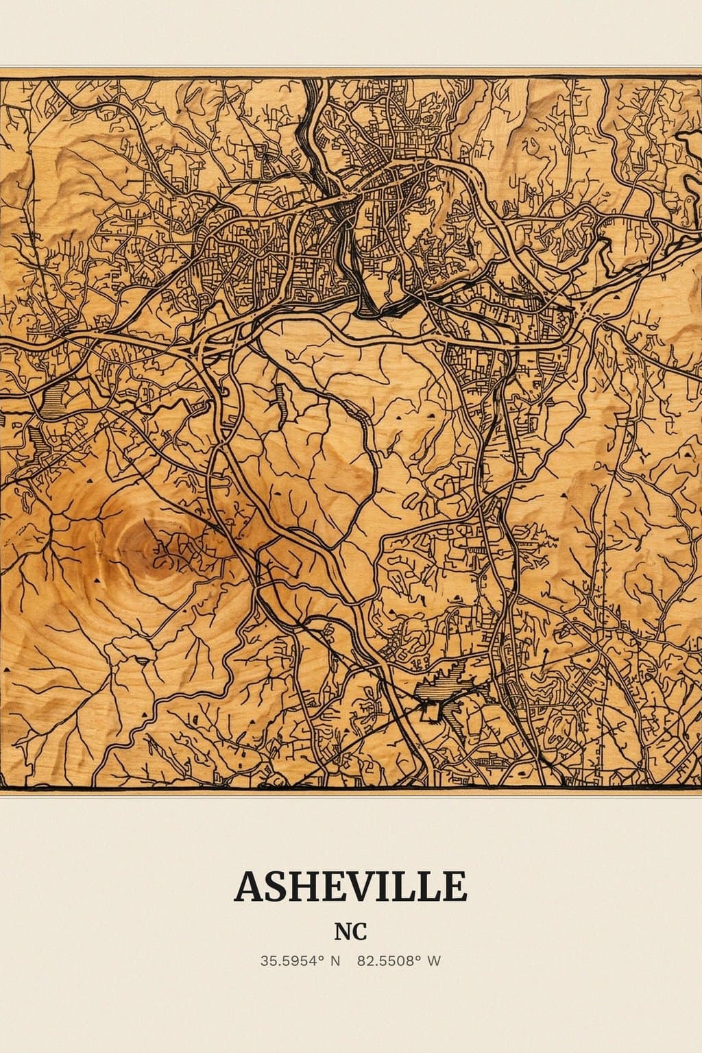 Flat Woodcut map of Asheville, NC