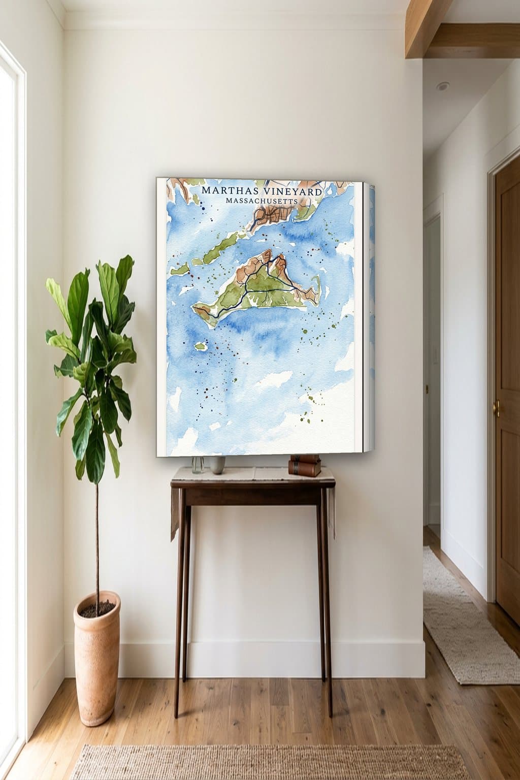 Watercolor map of Martha's Vineyard, MA on an 18x24 gallery canvas in a room