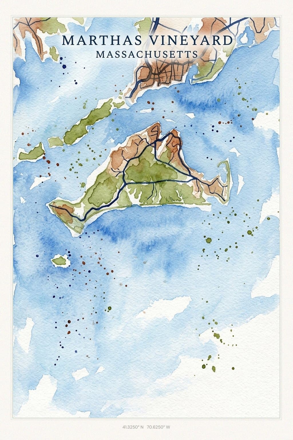Flat Watercolor map of Martha's Vineyard, MA