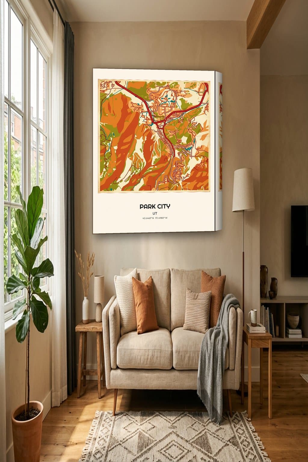 Vintage Travel Poster map of Park City, UT on an 18x24 gallery canvas in a room