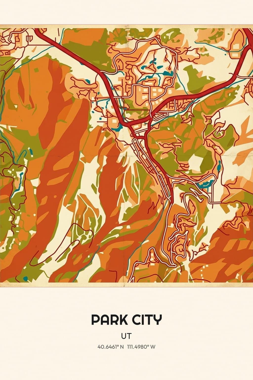 Flat Vintage Travel Poster map of Park City, UT