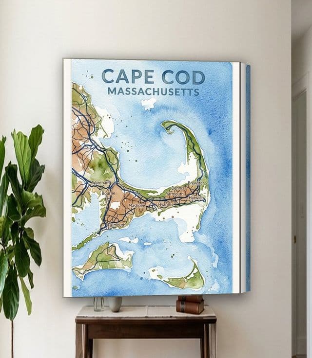 Cape Cod, Massachusetts map in Watercolor on gallery canvas