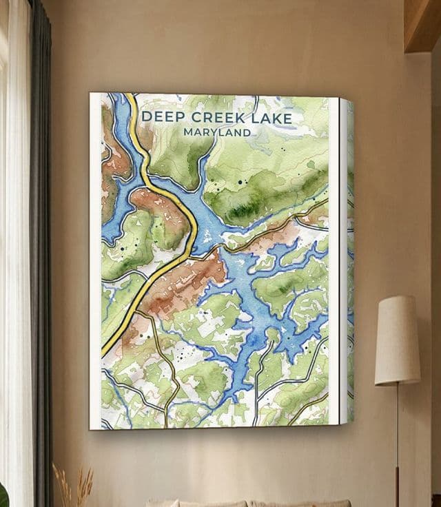 Deep Creek Lake, Maryland map in Watercolor on an 18x24 canvas above a sofa