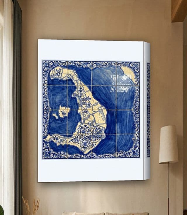 Santorini map in Portuguese Tile on an 18x24 canvas above a sofa