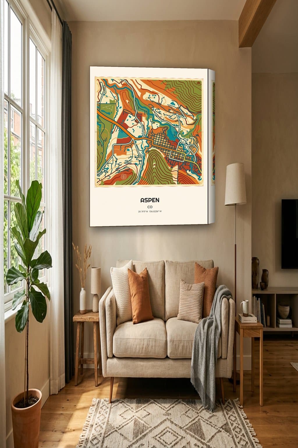 Vintage Travel Poster map of Aspen, CO on an 18x24 gallery canvas in a room
