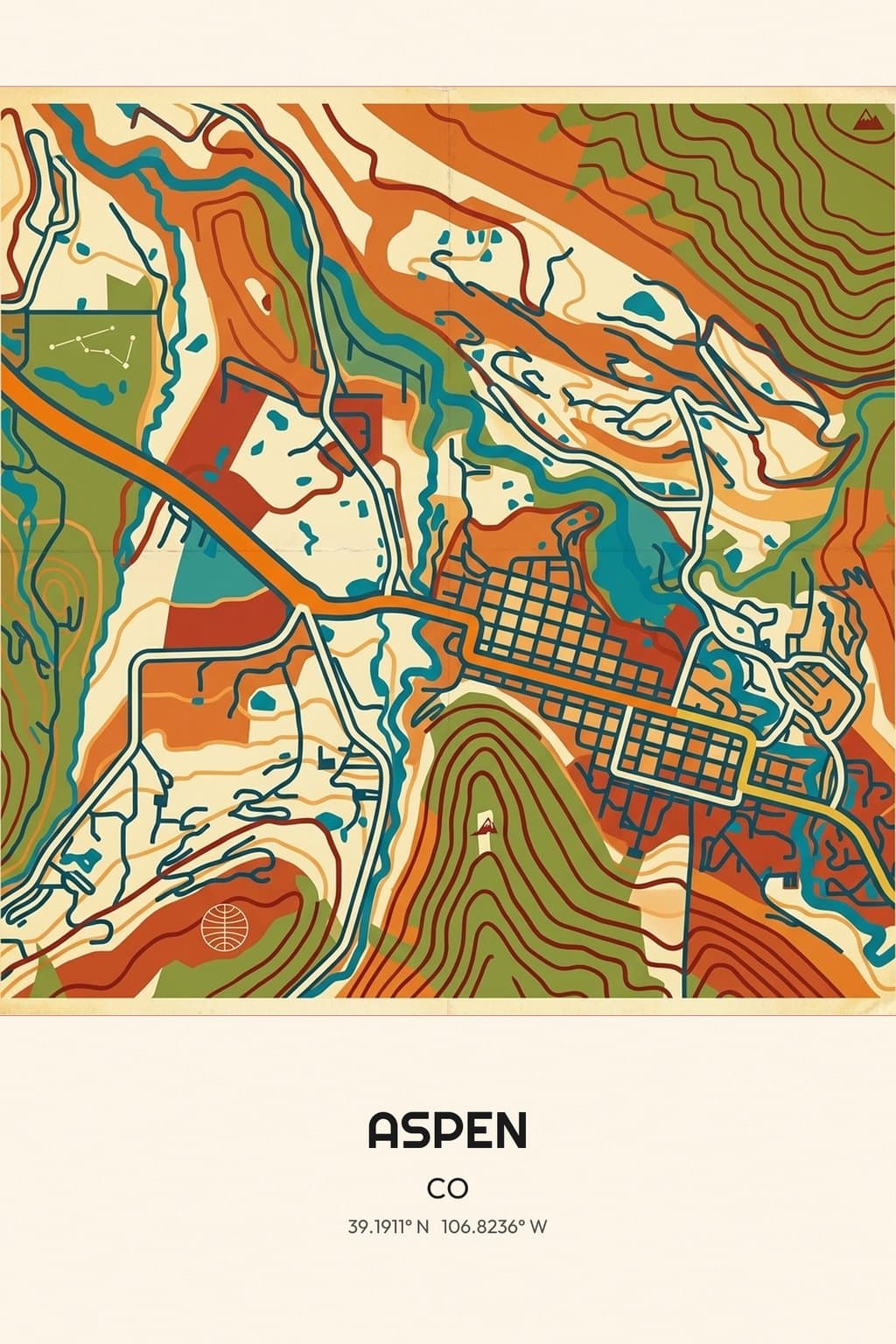 Flat Vintage Travel Poster map of Aspen, CO