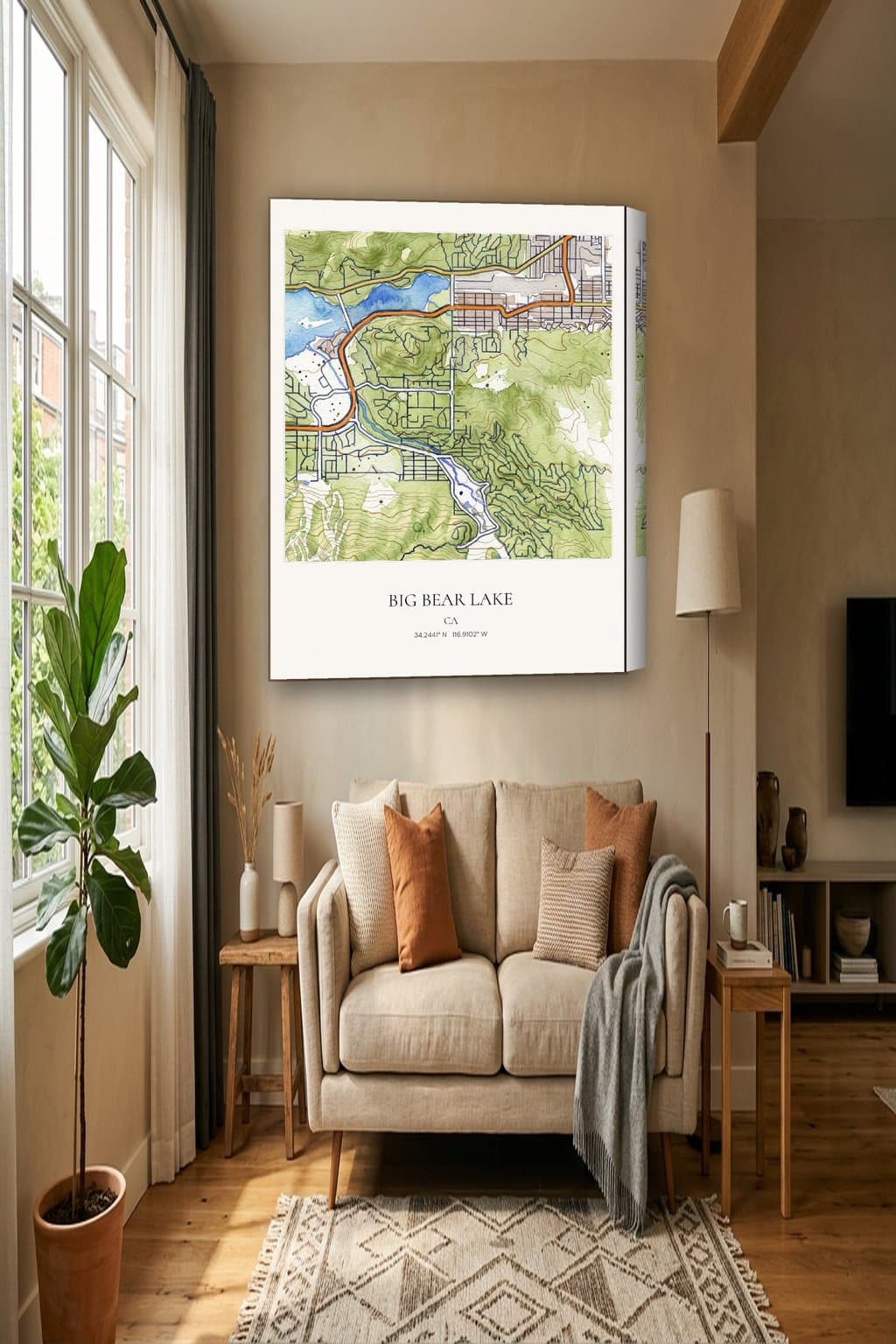 Watercolor map of Big Bear Lake, CA on an 18x24 gallery canvas in a room