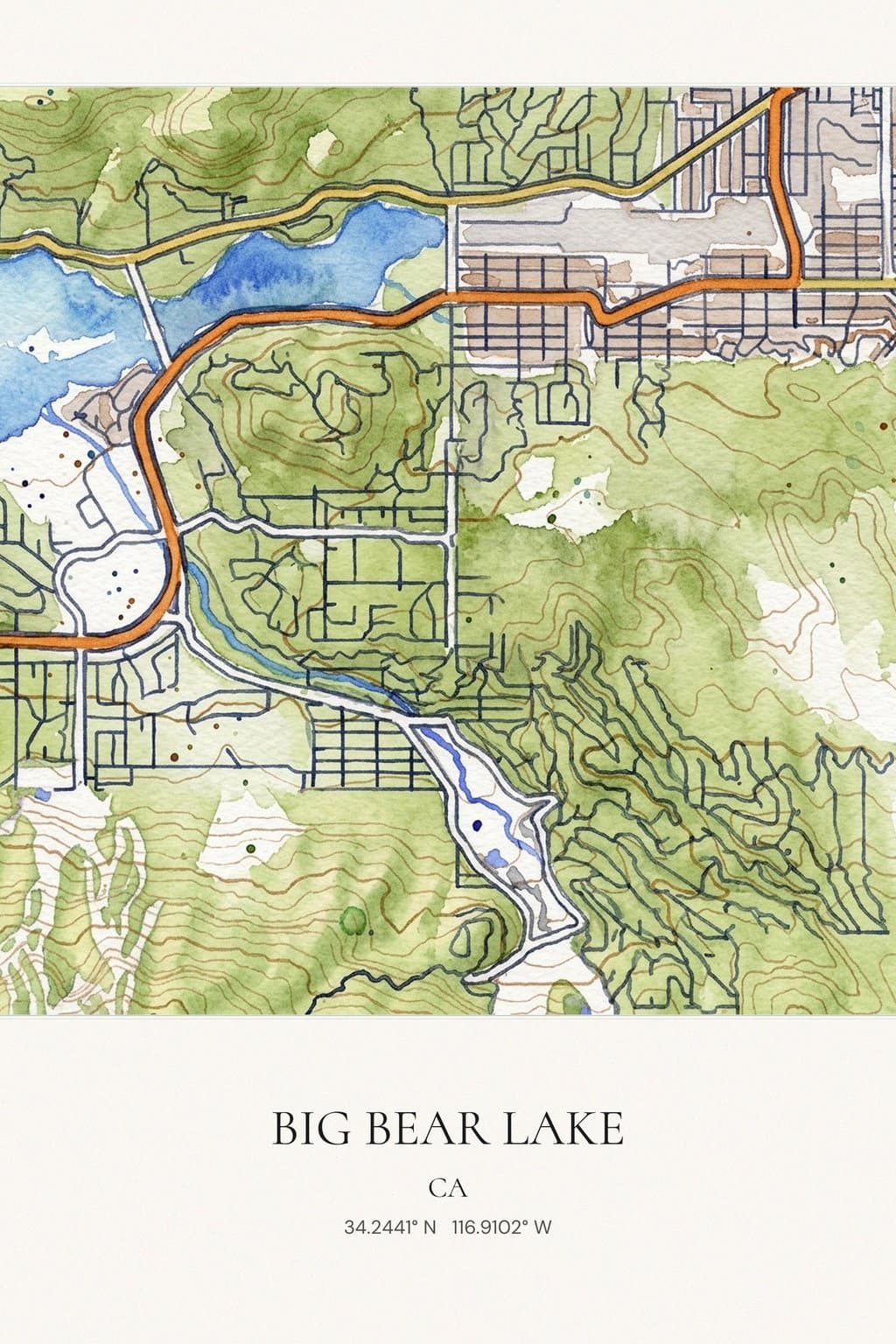 Flat Watercolor map of Big Bear Lake, CA
