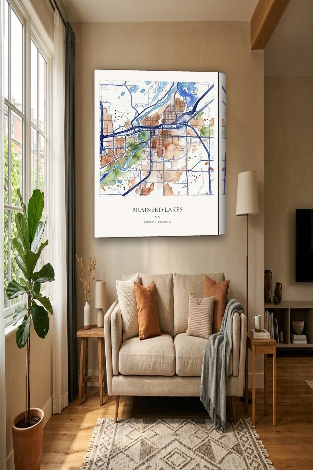 Watercolor map of Brainerd Lakes, MN on an 18x24 gallery canvas in a room