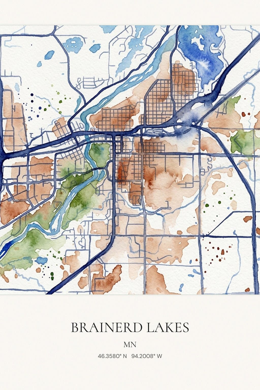 Flat Watercolor map of Brainerd Lakes, MN