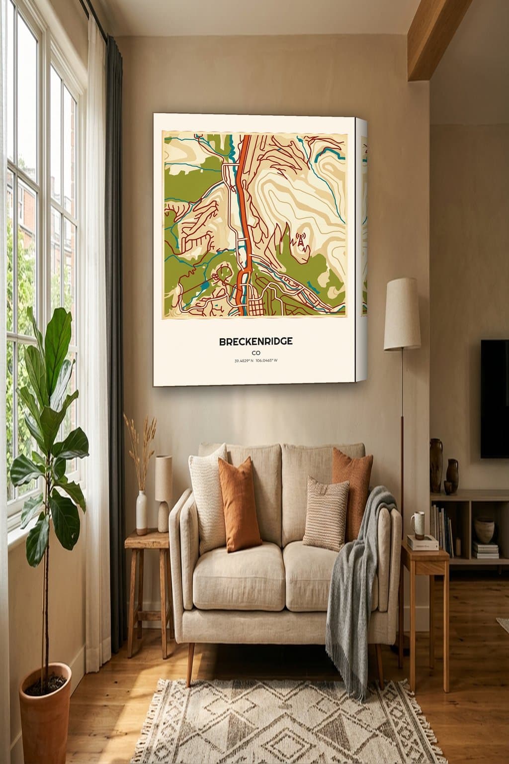 Vintage Travel Poster map of Breckenridge, CO on an 18x24 gallery canvas in a room