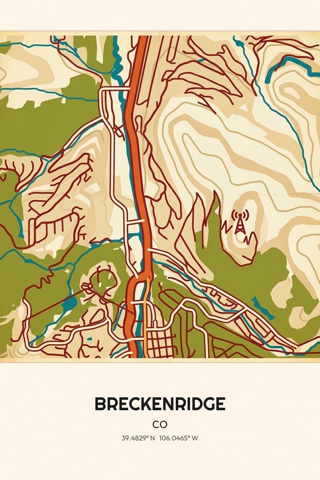 Flat Vintage Travel Poster map of Breckenridge, CO