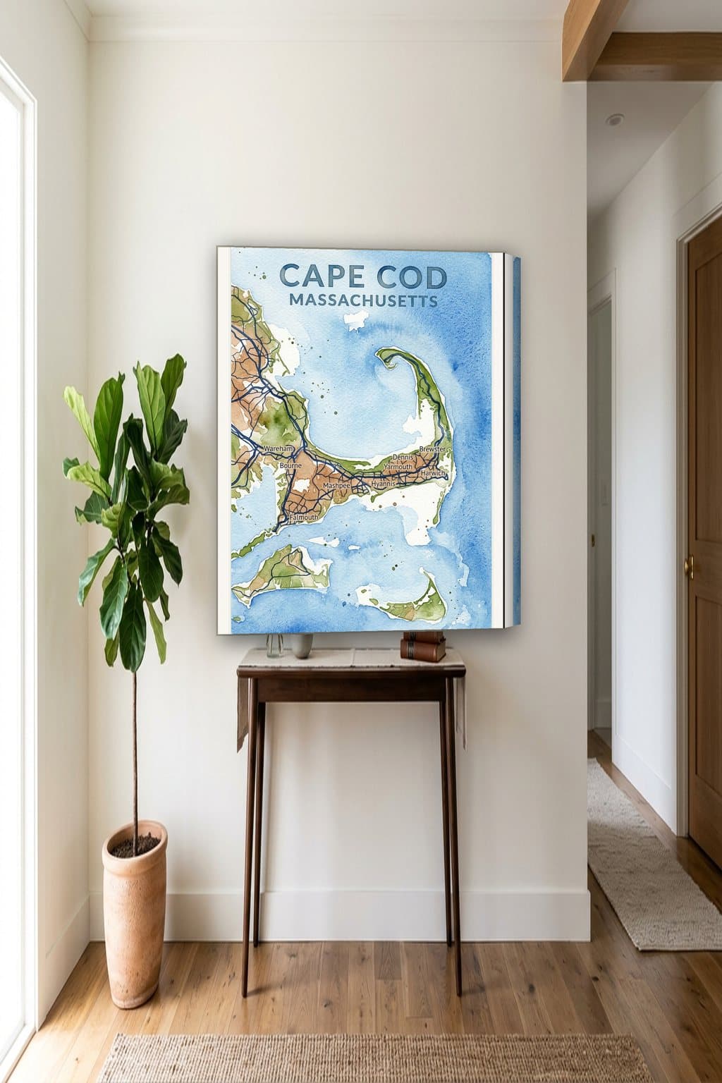 Watercolor map of Cape Cod, MA on an 18x24 gallery canvas in a room