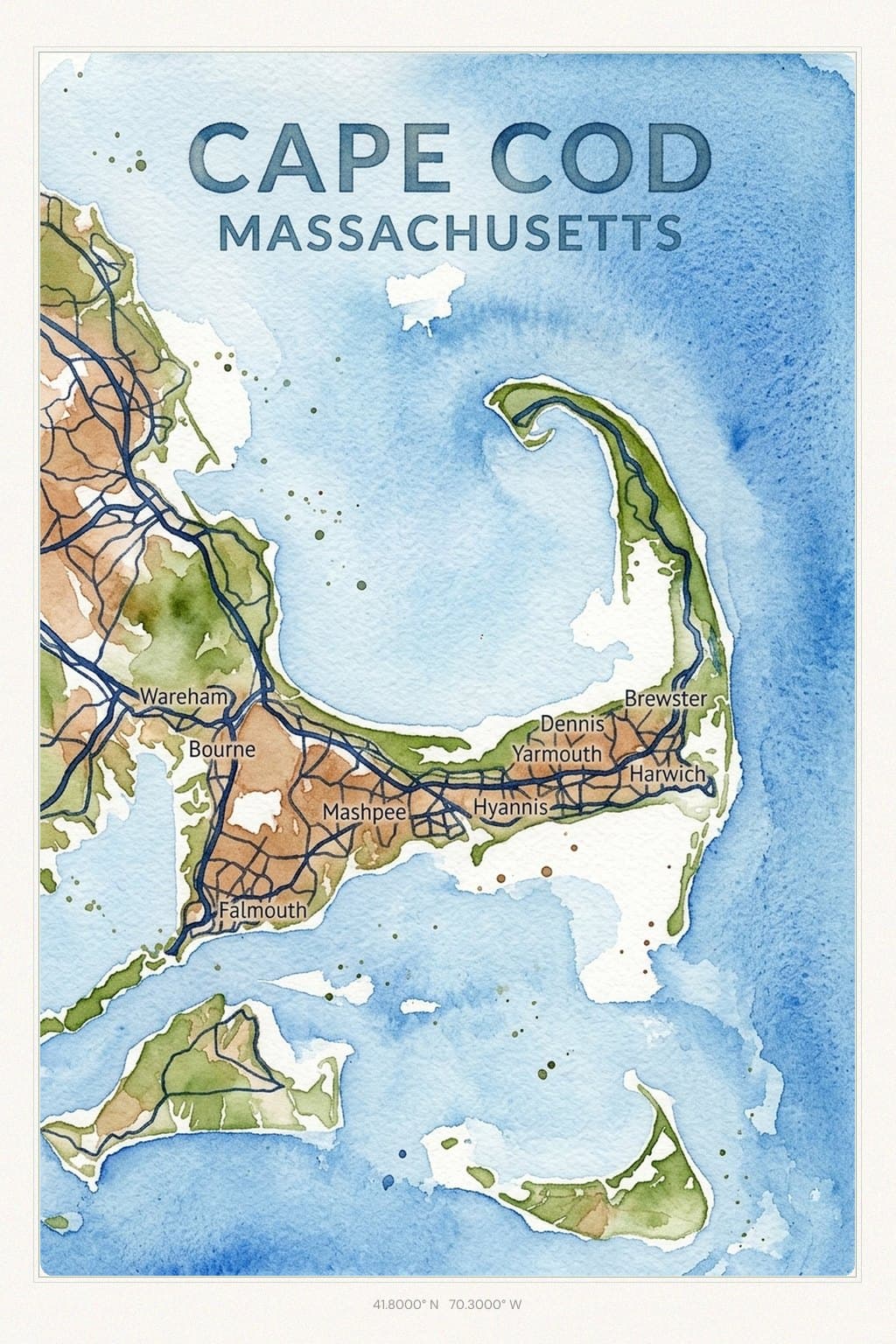 Flat Watercolor map of Cape Cod, MA
