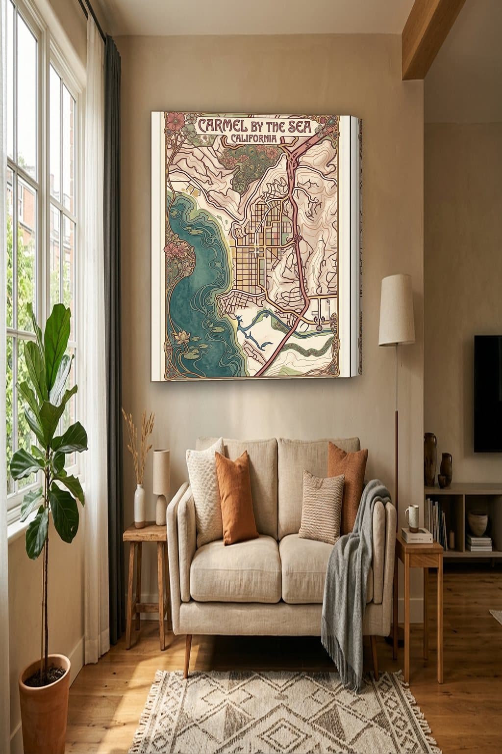 Art Nouveau map of Carmel-by-the-Sea, CA on an 18x24 gallery canvas in a room