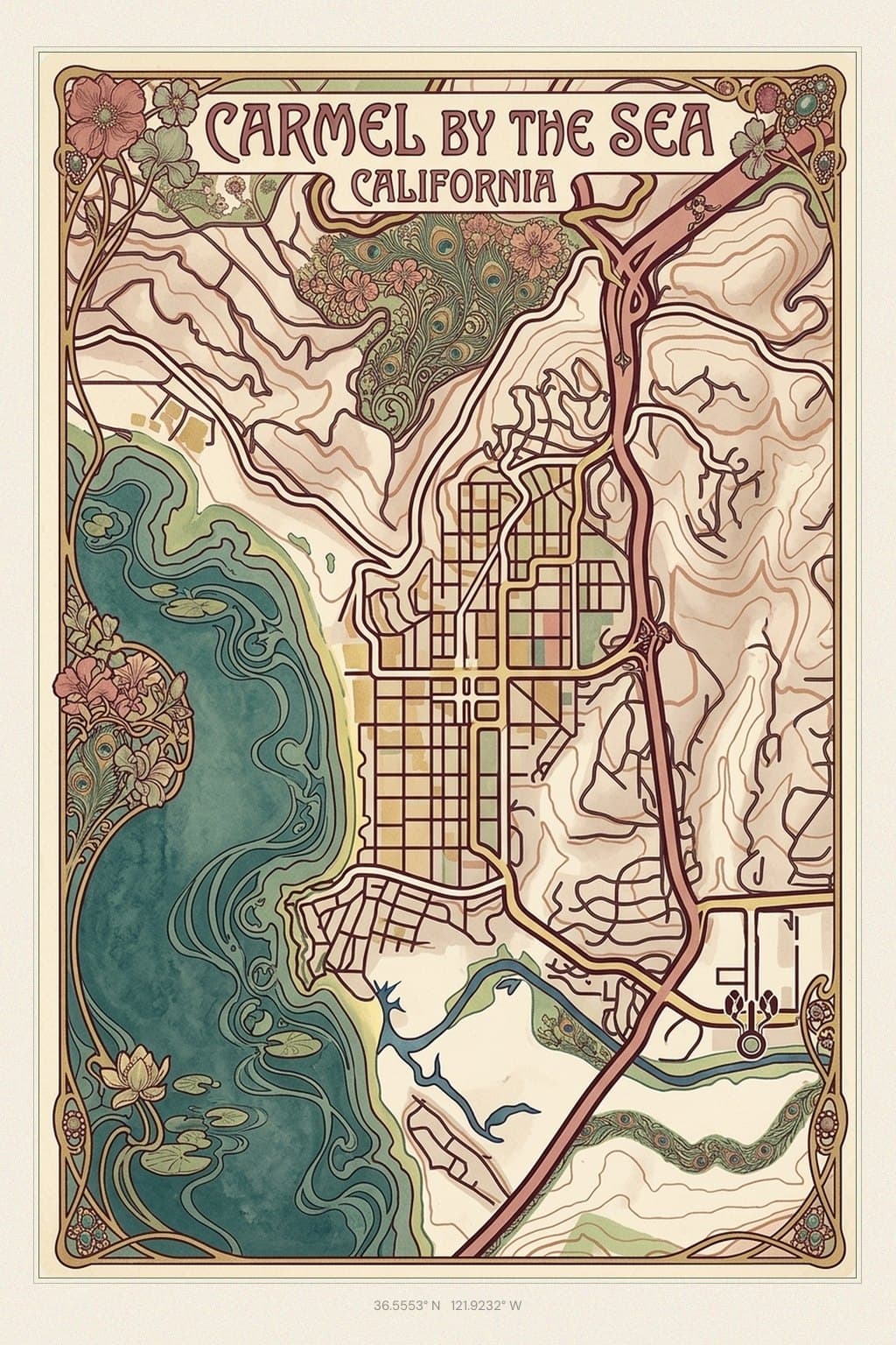 Flat Art Nouveau map of Carmel-by-the-Sea, CA