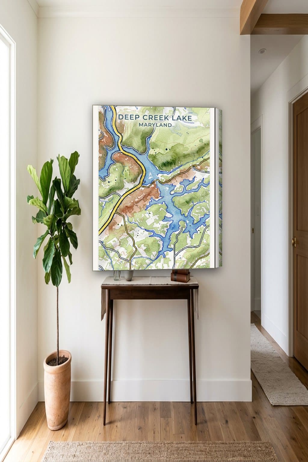 Watercolor map of Deep Creek Lake, MD on an 18x24 gallery canvas in a room