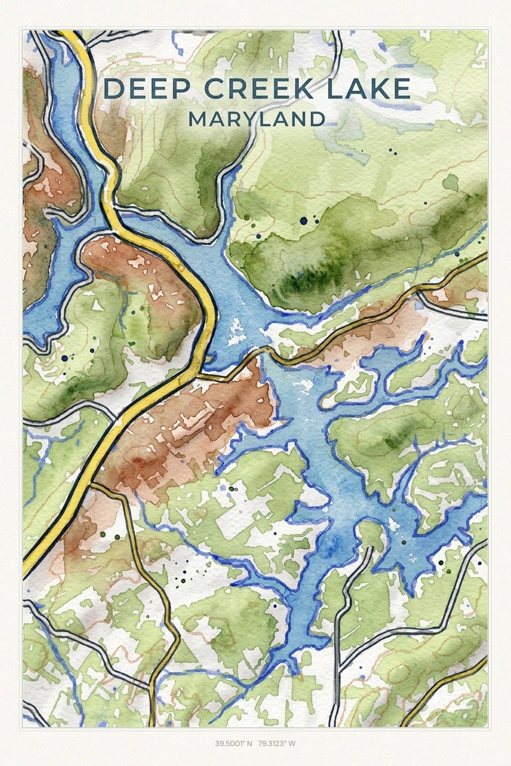 Flat Watercolor map of Deep Creek Lake, MD