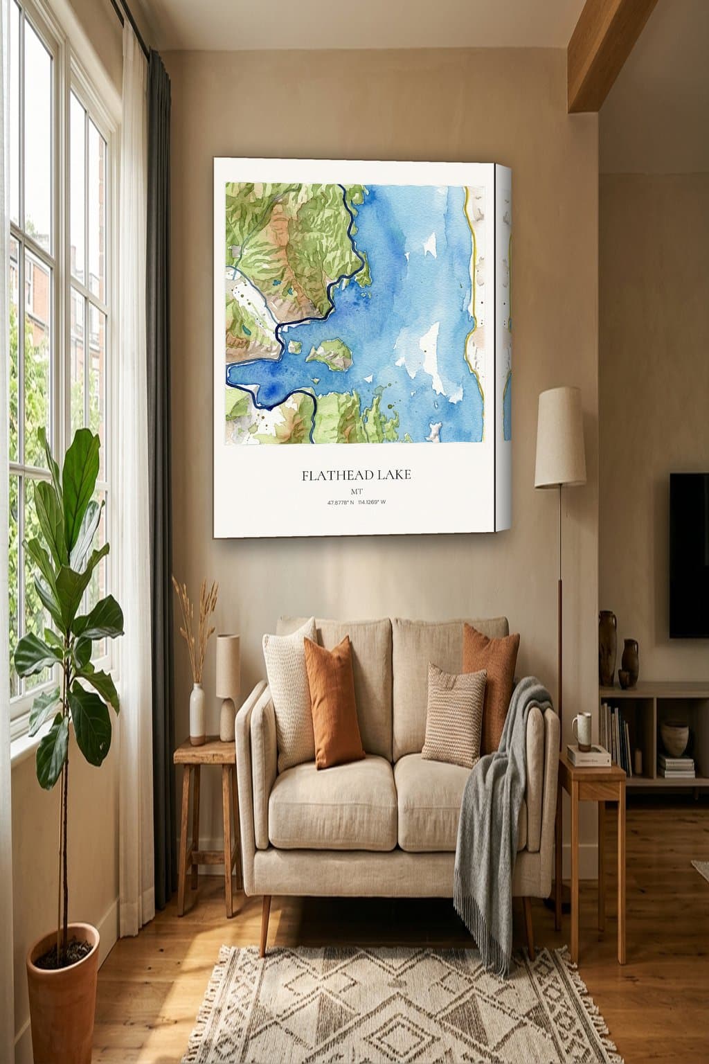 Watercolor map of Flathead Lake, MT on an 18x24 gallery canvas in a room