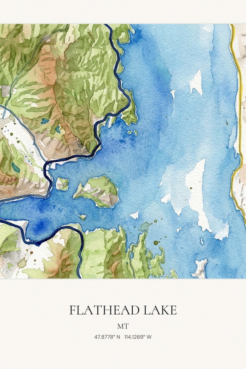 Flat Watercolor map of Flathead Lake, MT