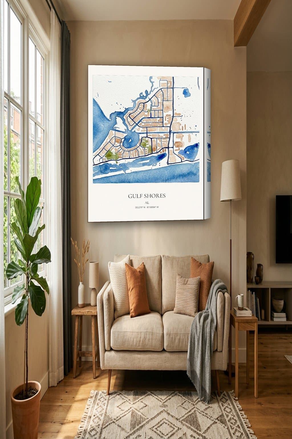 Watercolor map of Gulf Shores, AL on an 18x24 gallery canvas in a room