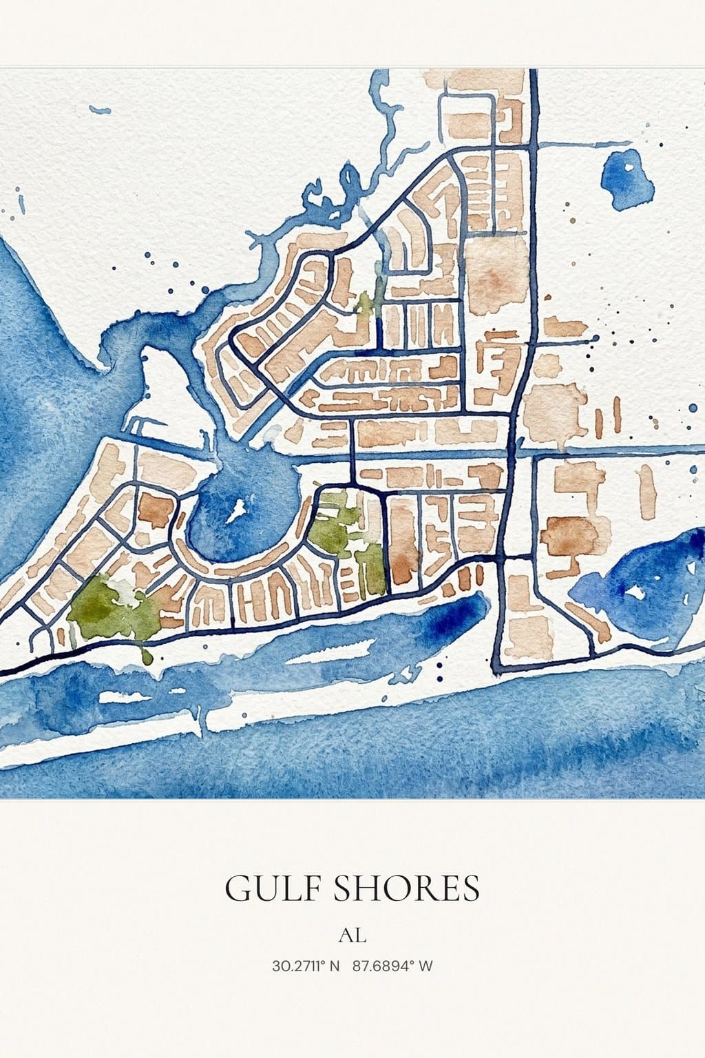 Flat Watercolor map of Gulf Shores, AL