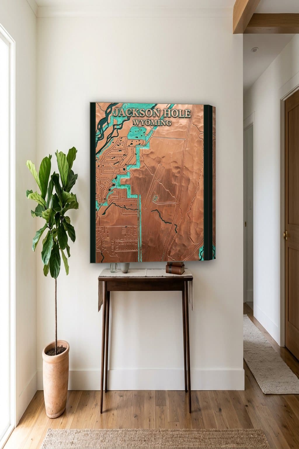 Copper Patina map of Jackson Hole, WY on an 18x24 gallery canvas in a room