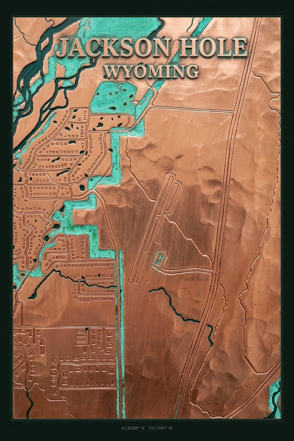 Flat Copper Patina map of Jackson Hole, WY
