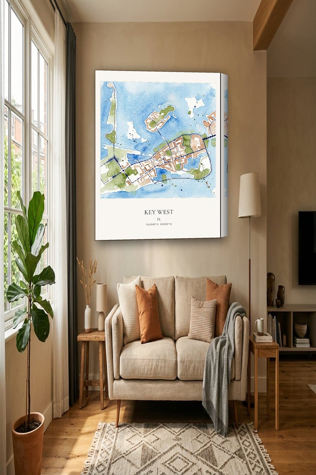 Watercolor map of Key West, FL on an 18x24 gallery canvas in a room