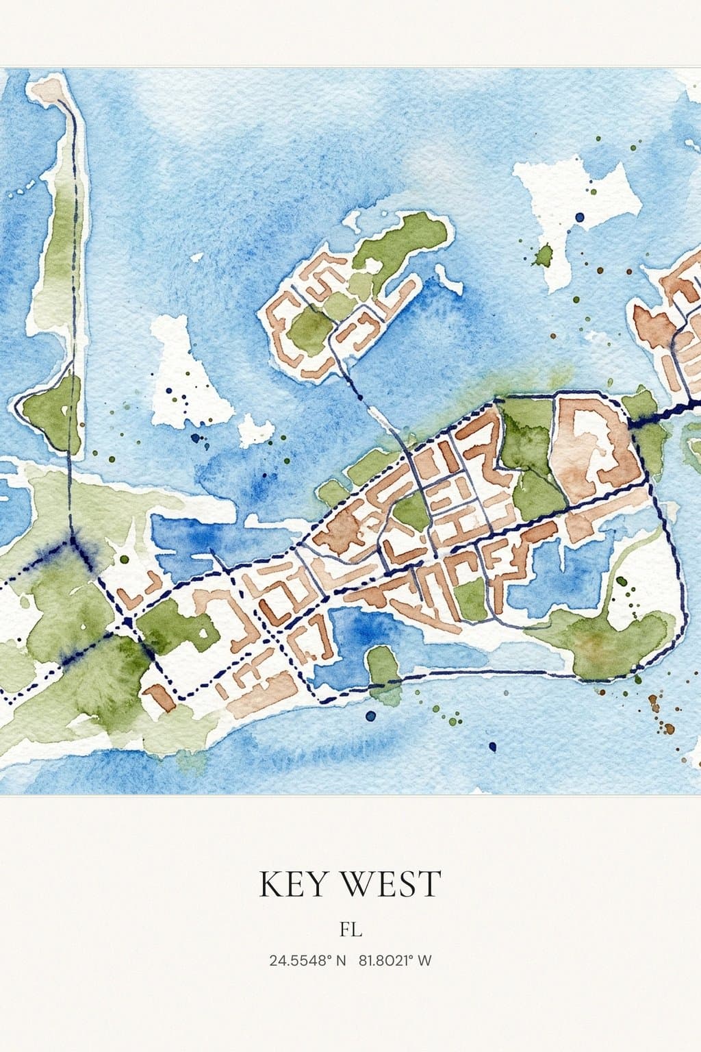 Flat Watercolor map of Key West, FL