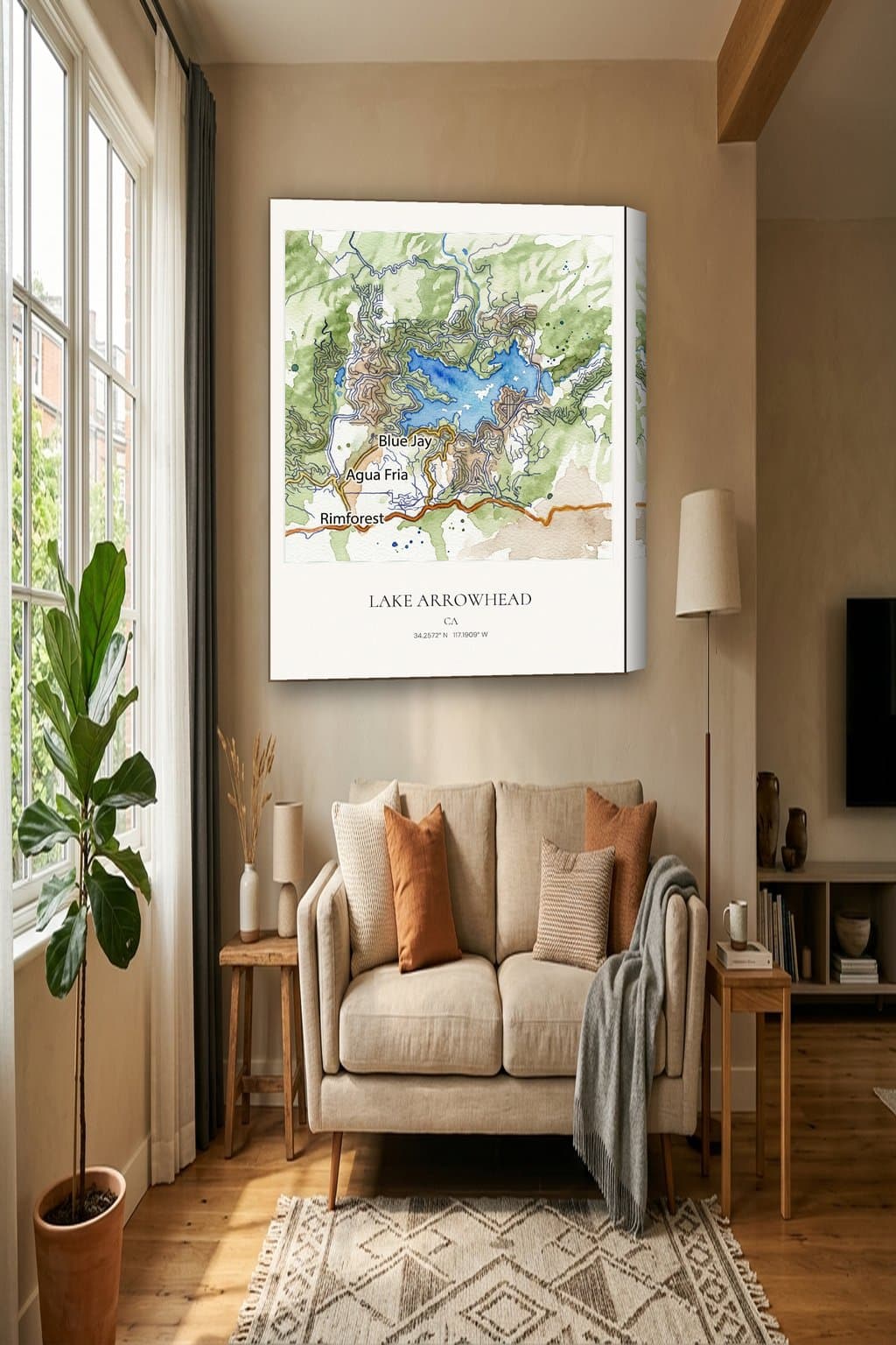 Watercolor map of Lake Arrowhead, CA on an 18x24 gallery canvas in a room