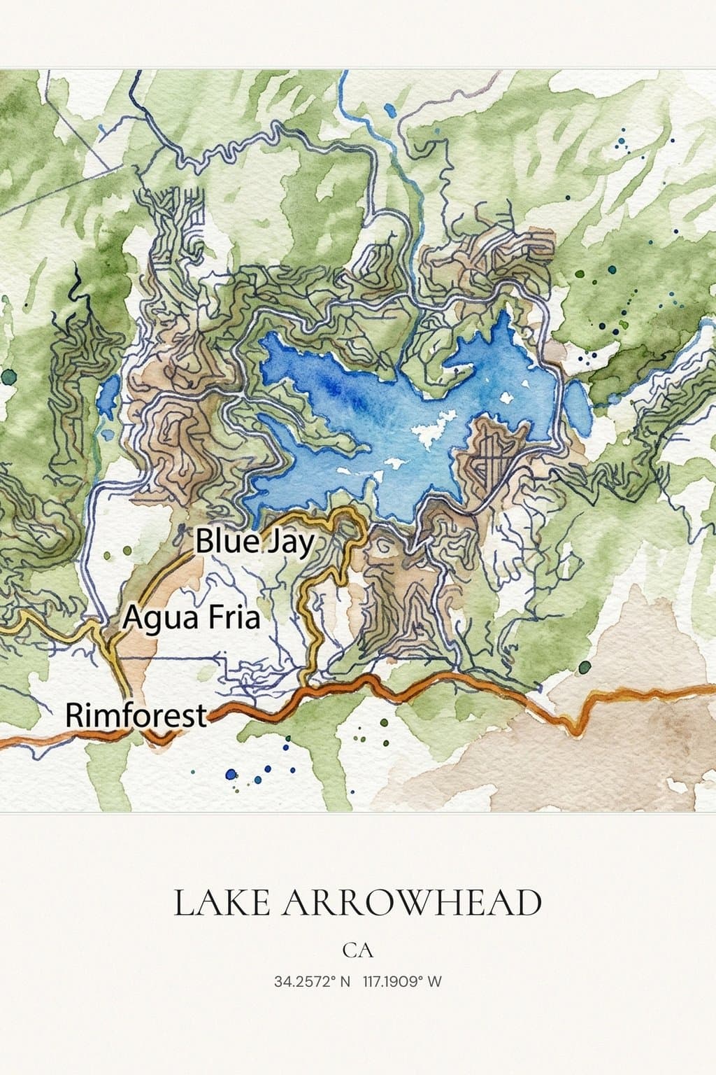 Flat Watercolor map of Lake Arrowhead, CA