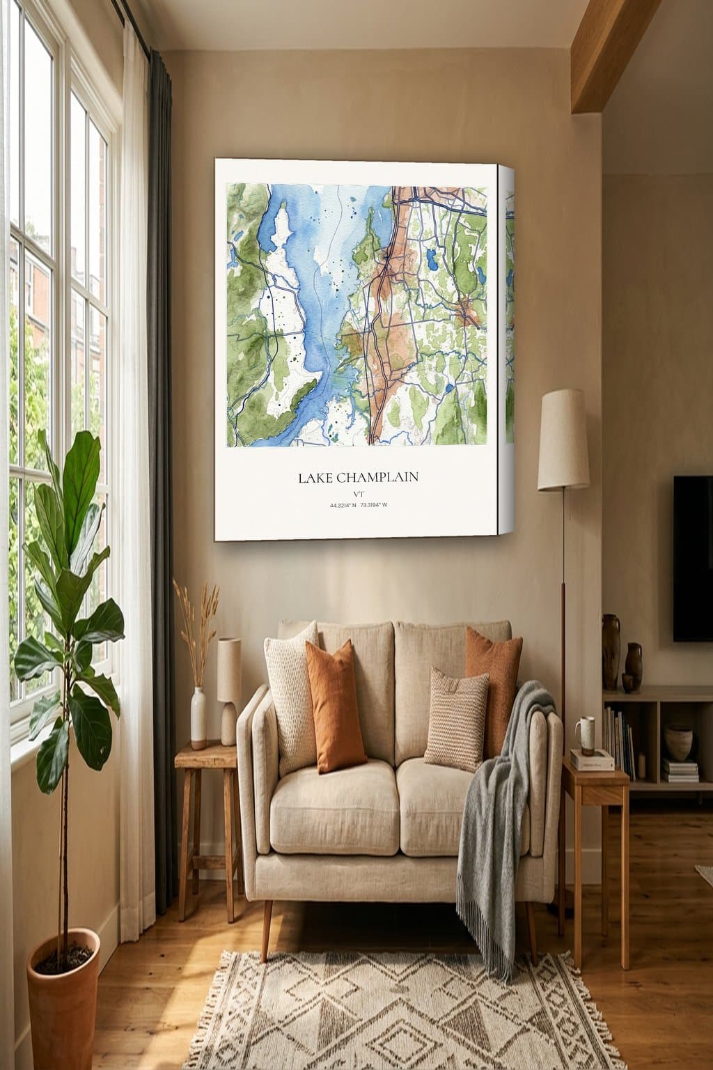 Watercolor map of Lake Champlain, VT on an 18x24 gallery canvas in a room