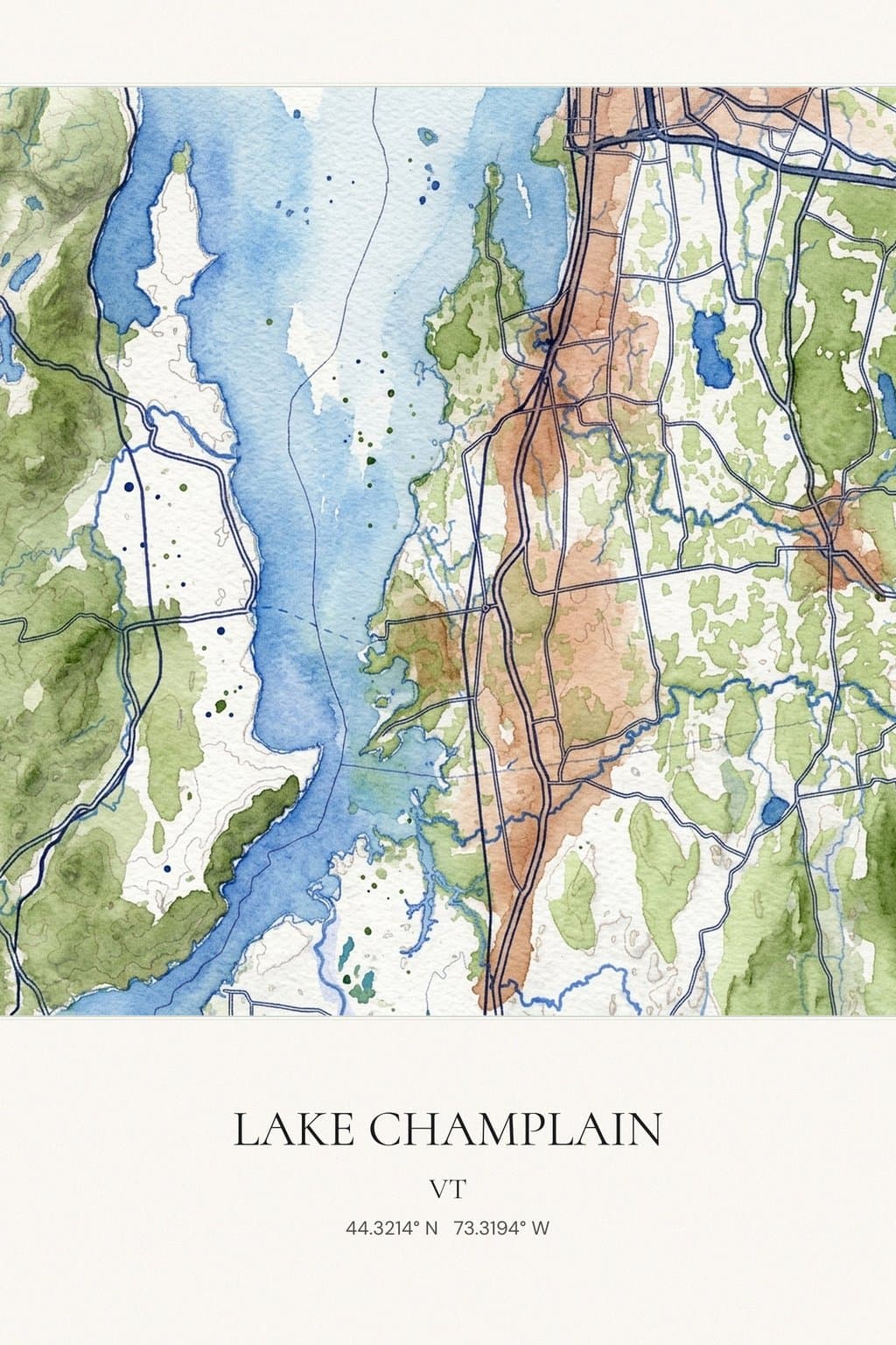 Flat Watercolor map of Lake Champlain, VT