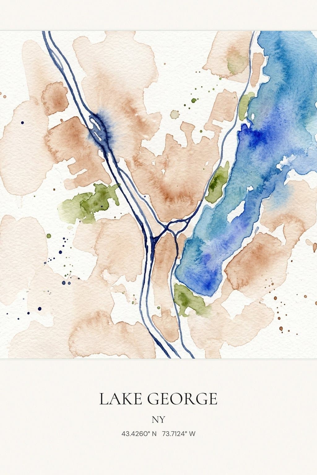 Flat Watercolor map of Lake George, NY