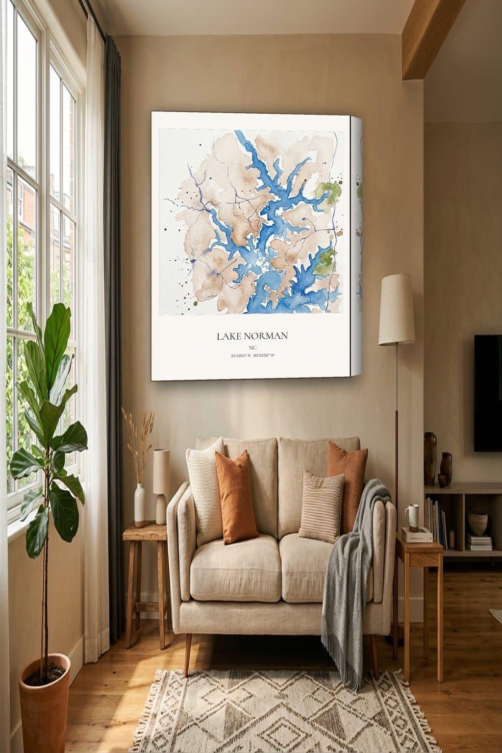 Watercolor map of Lake Norman, NC on an 18x24 gallery canvas in a room