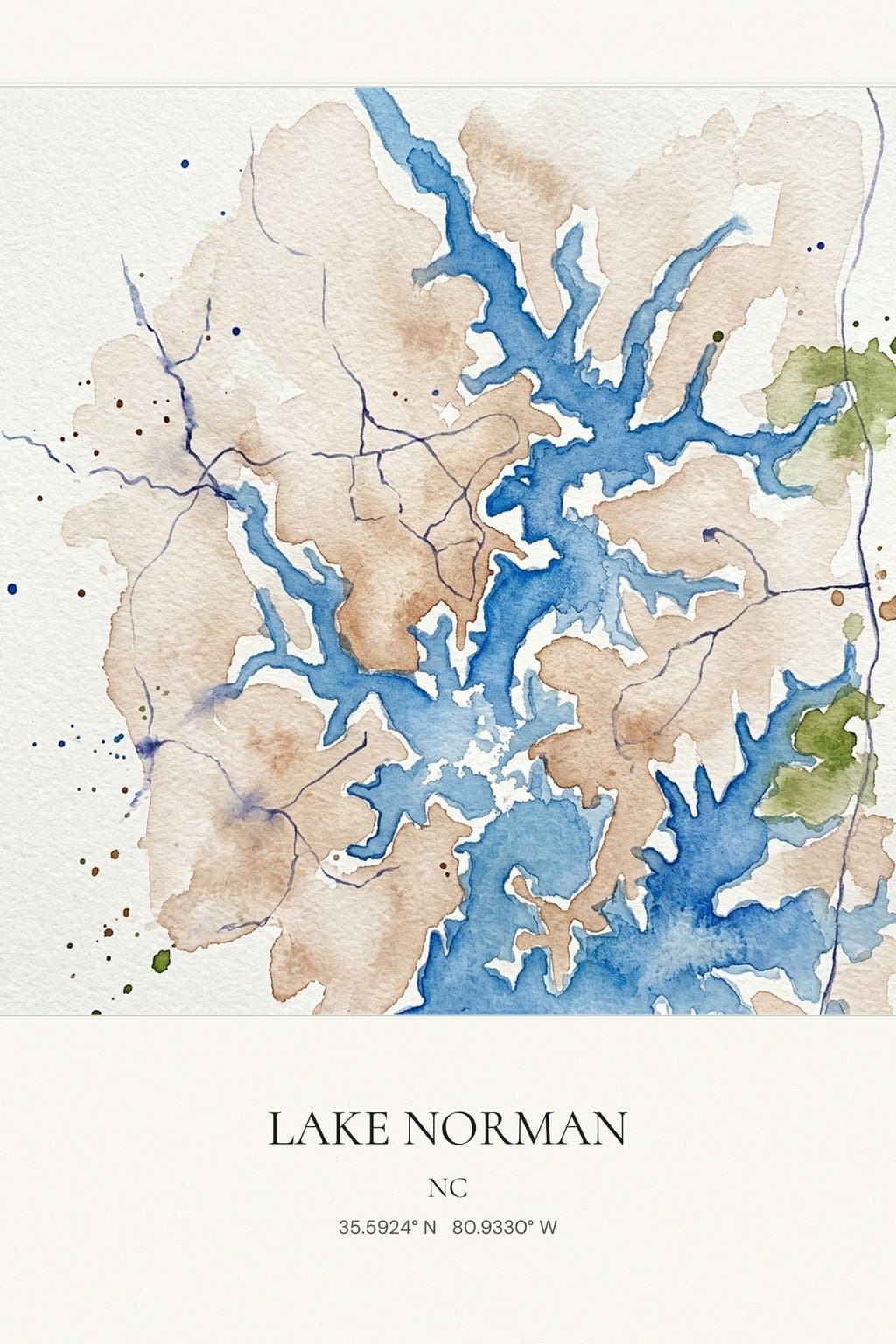 Flat Watercolor map of Lake Norman, NC