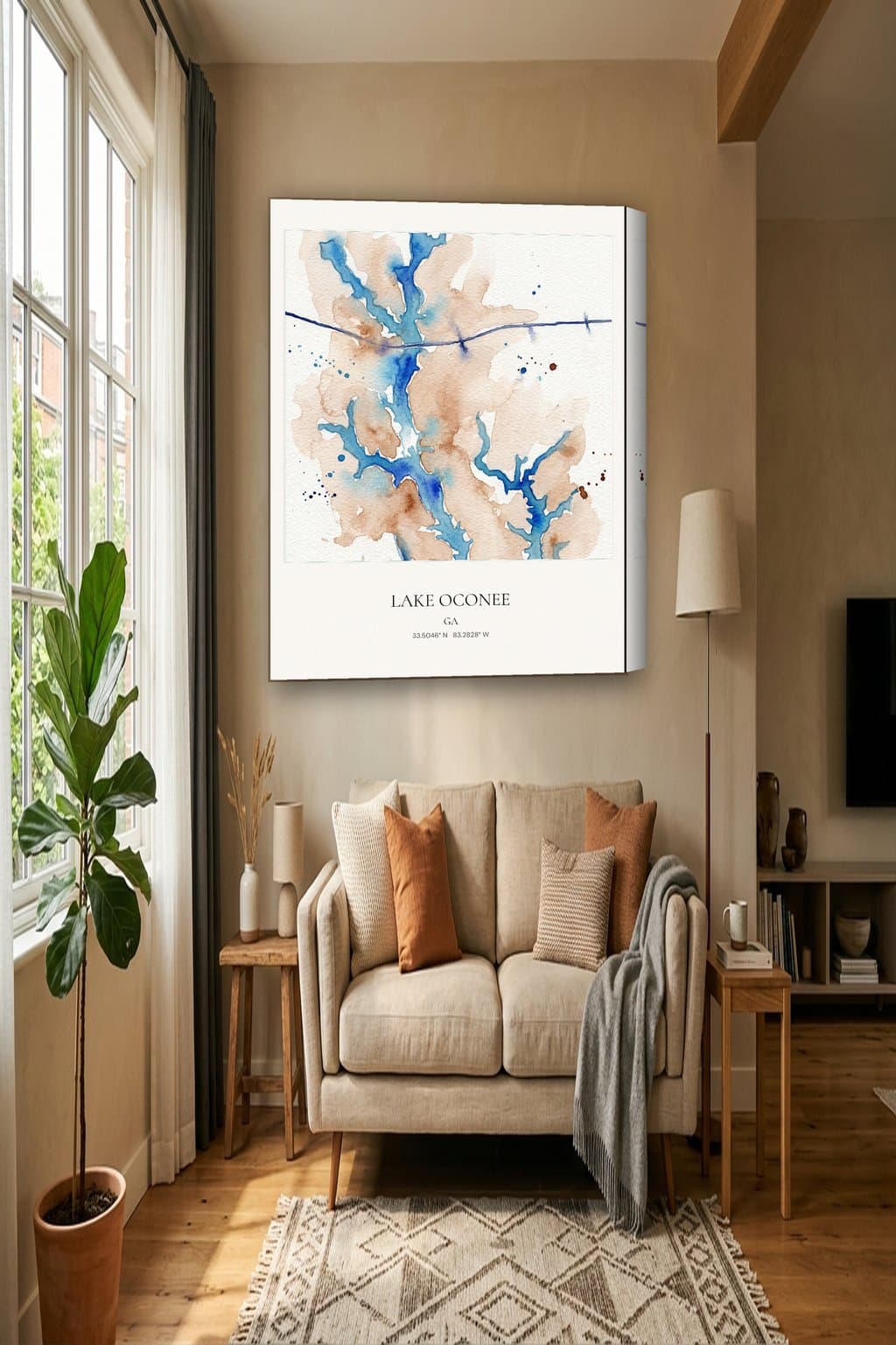 Watercolor map of Lake Oconee, GA on an 18x24 gallery canvas in a room