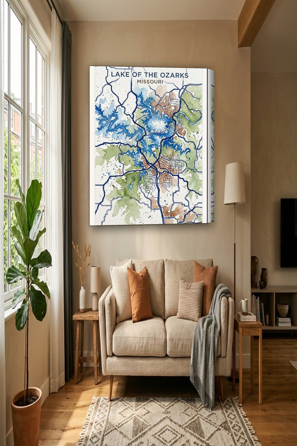 Watercolor map of Lake of the Ozarks, MO on an 18x24 gallery canvas in a room