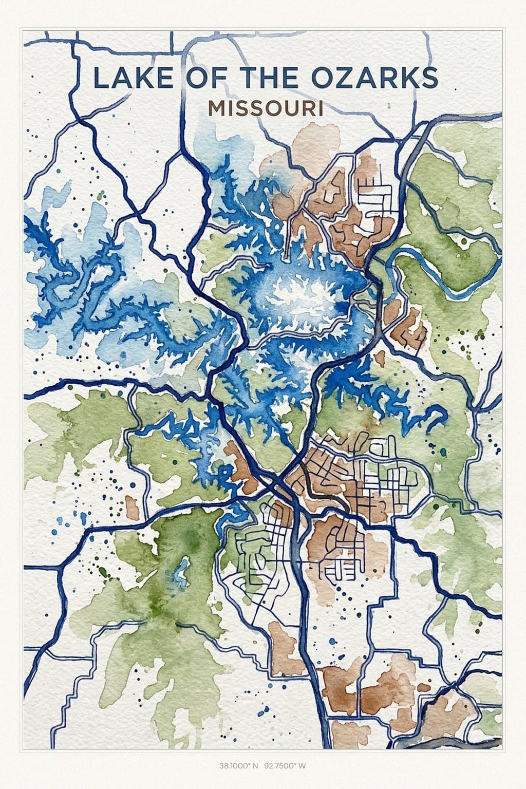 Flat Watercolor map of Lake of the Ozarks, MO