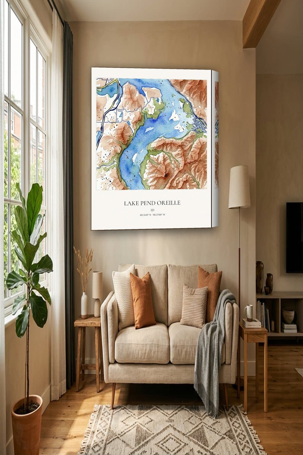 Watercolor map of Lake Pend Oreille, ID on an 18x24 gallery canvas in a room