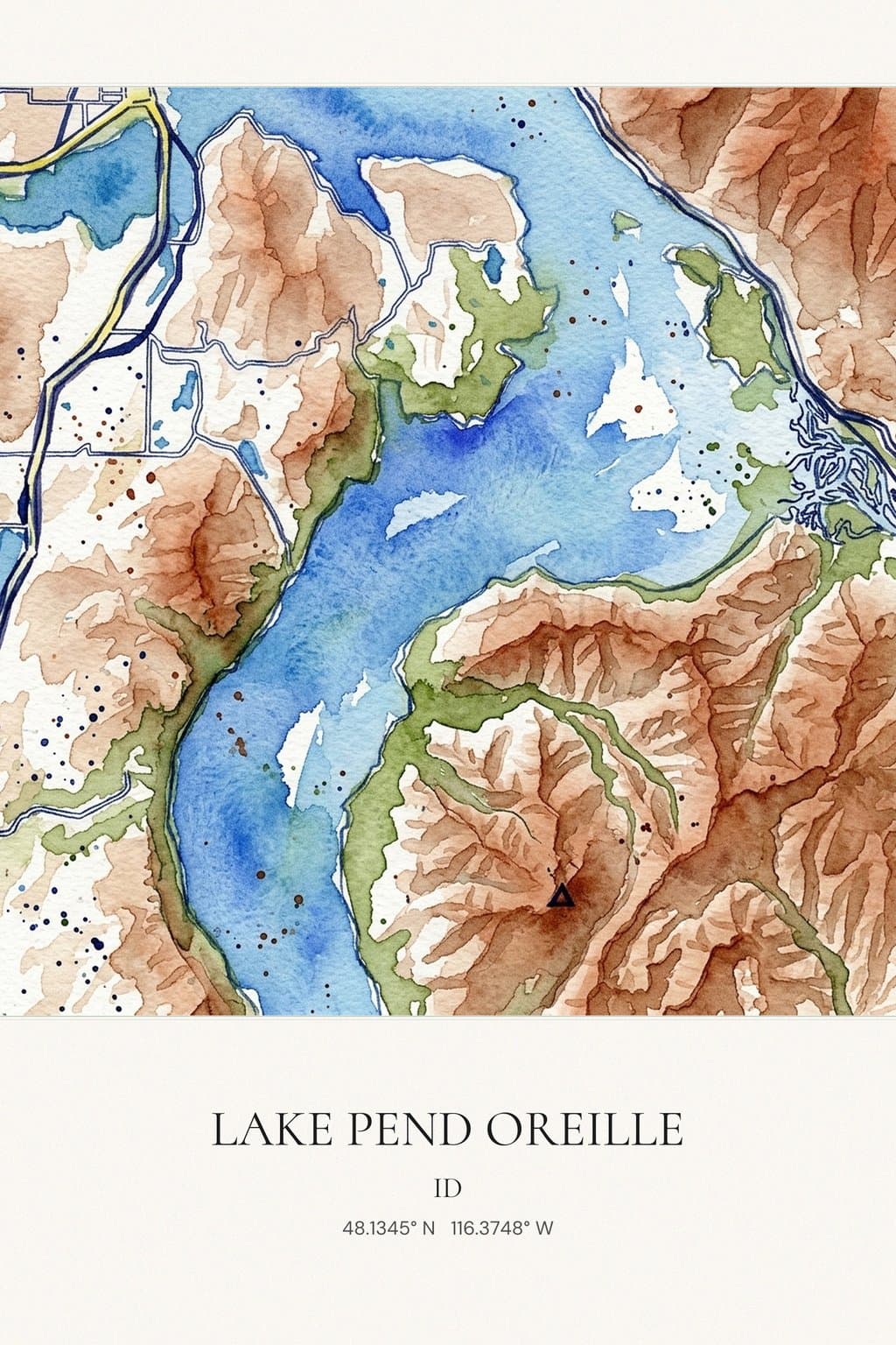 Flat Watercolor map of Lake Pend Oreille, ID