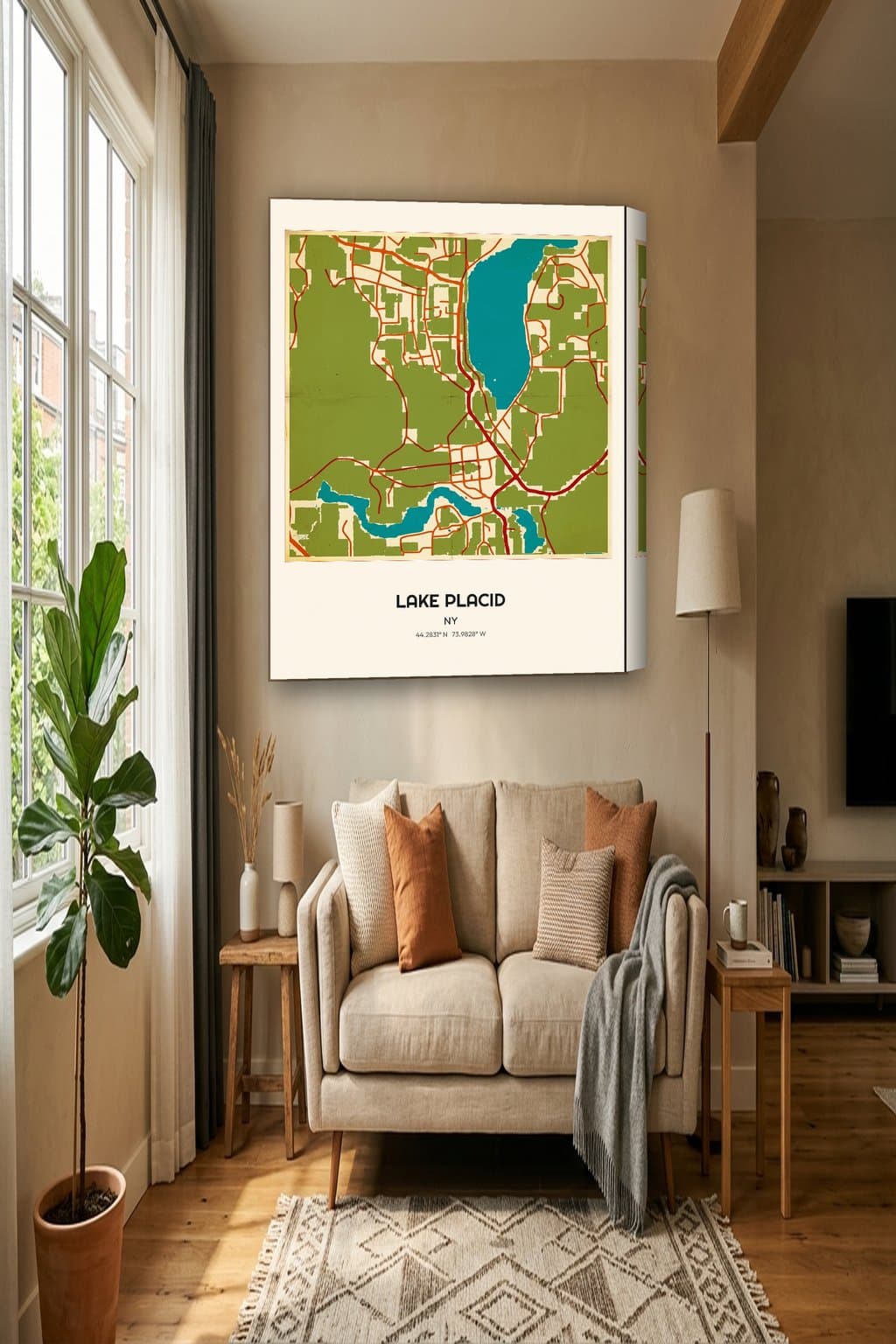 Vintage Travel Poster map of Lake Placid, NY on an 18x24 gallery canvas in a room