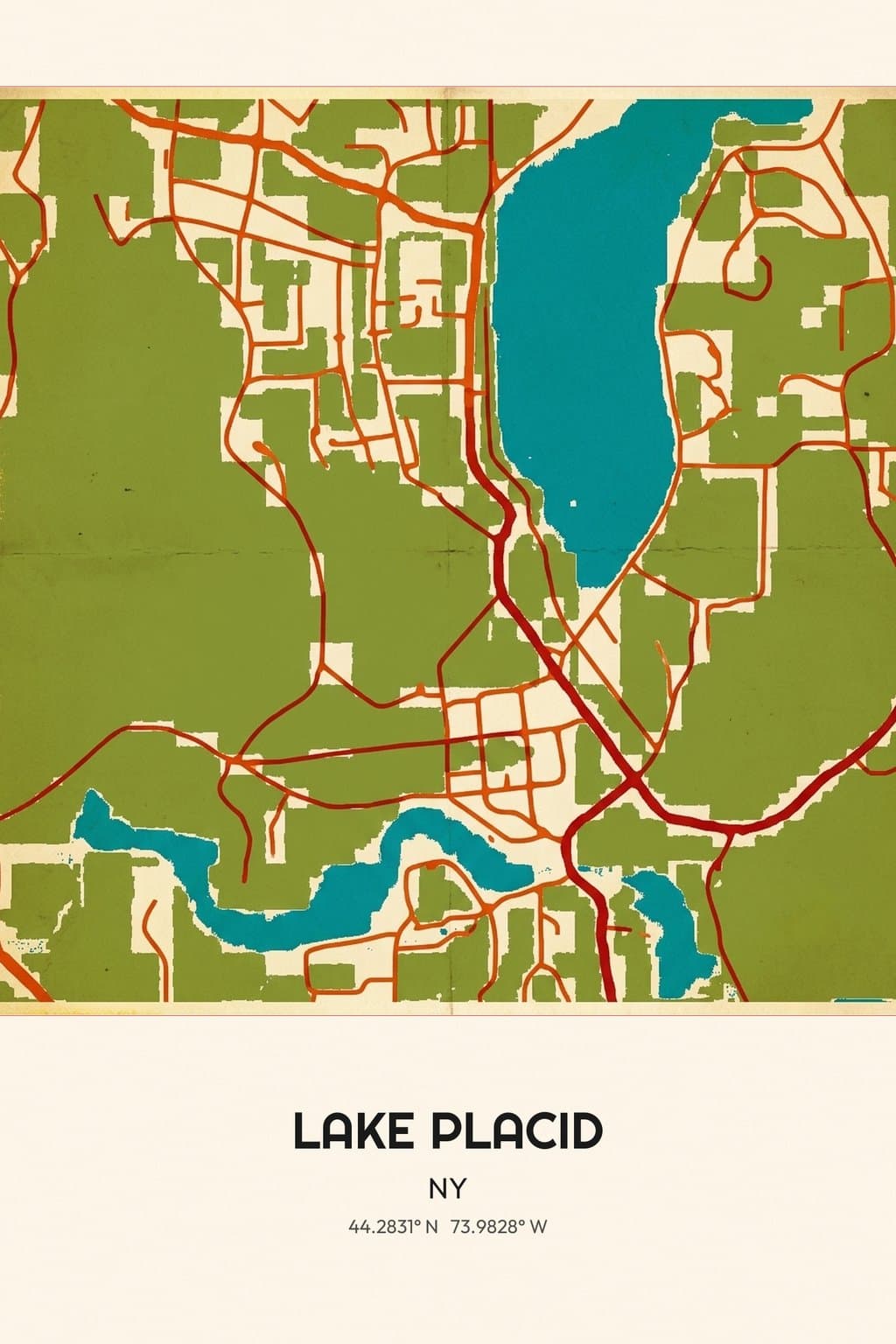Flat Vintage Travel Poster map of Lake Placid, NY