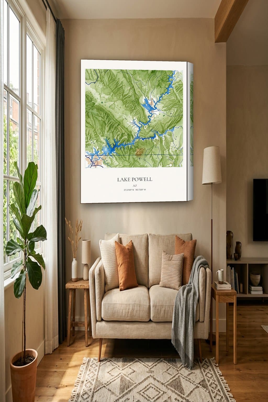 Watercolor map of Lake Powell, AZ on an 18x24 gallery canvas in a room