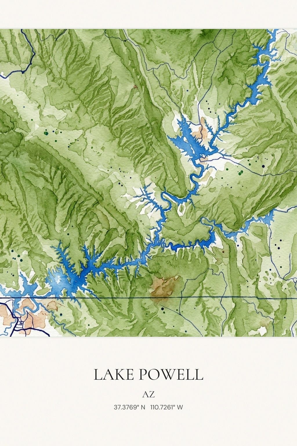 Flat Watercolor map of Lake Powell, AZ