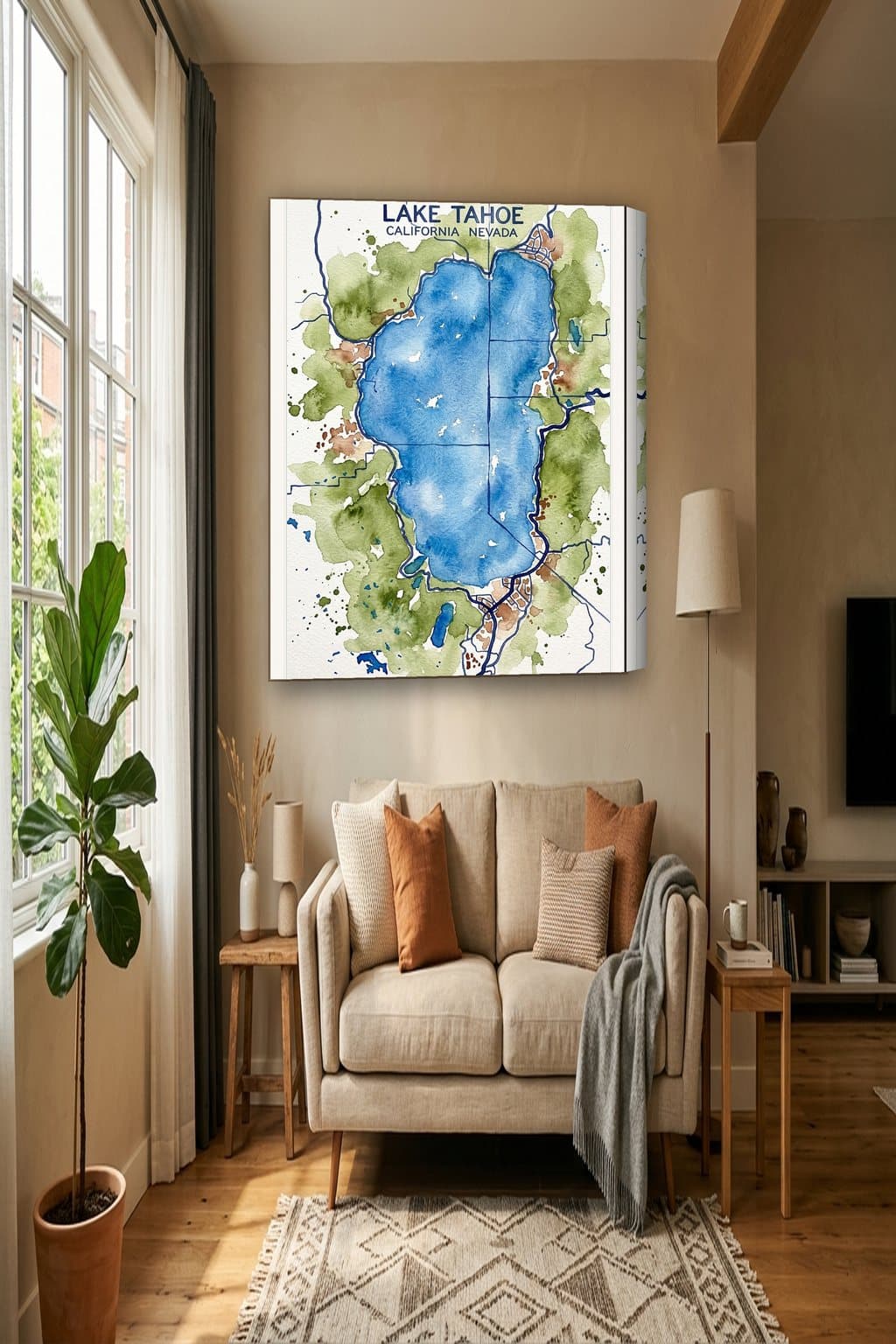Watercolor map of Lake Tahoe, CA on an 18x24 gallery canvas in a room
