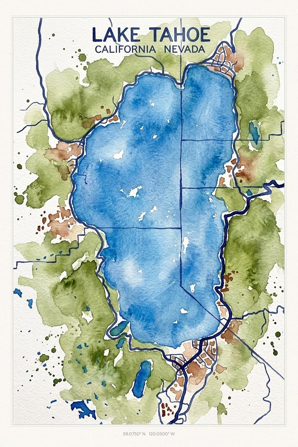 Flat Watercolor map of Lake Tahoe, CA
